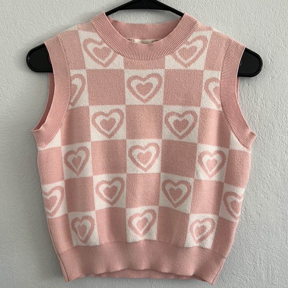 Altar’d State pink and white checkered sweater vest with pink hearts, size xs